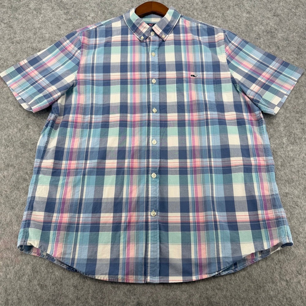 Vineyard Vines Mens Large Slim Fit Tucker Shirt Short Sleeve Plaid Blue Pink